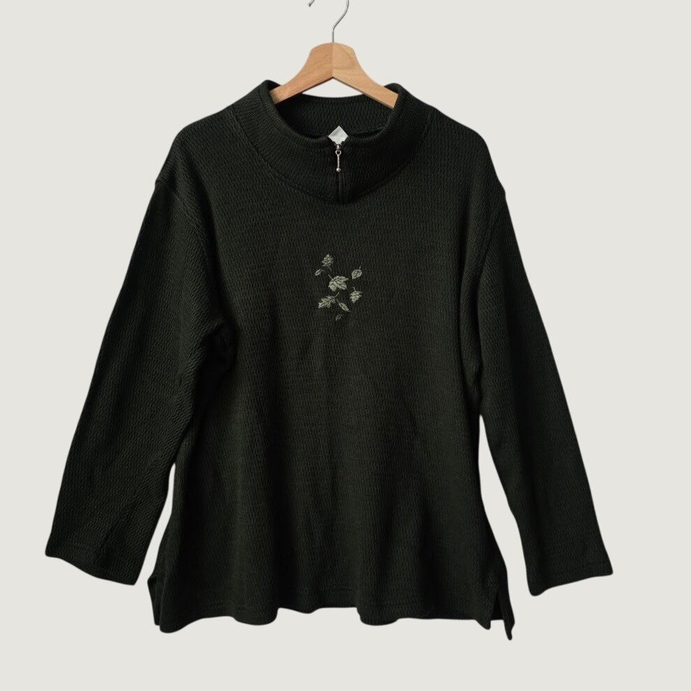 Cityscape Quarter Zip Sweater Women XXL Green Excellent Embroidered Leaf Knit